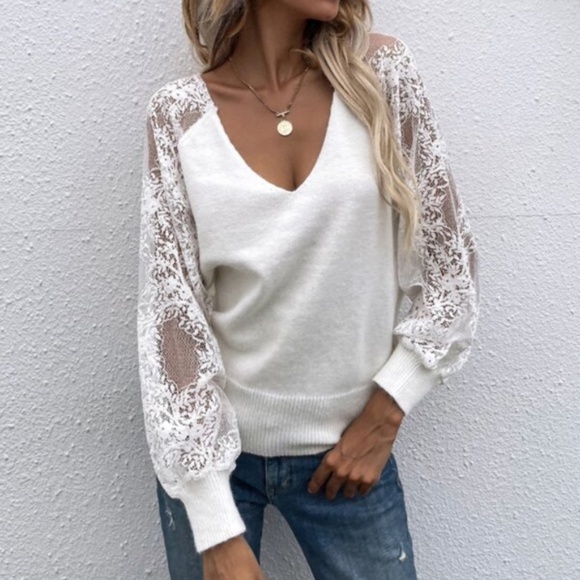 Cozy Floral Lace Sleeve Off Shoulder Sweater Top - Picture 14 of 16
